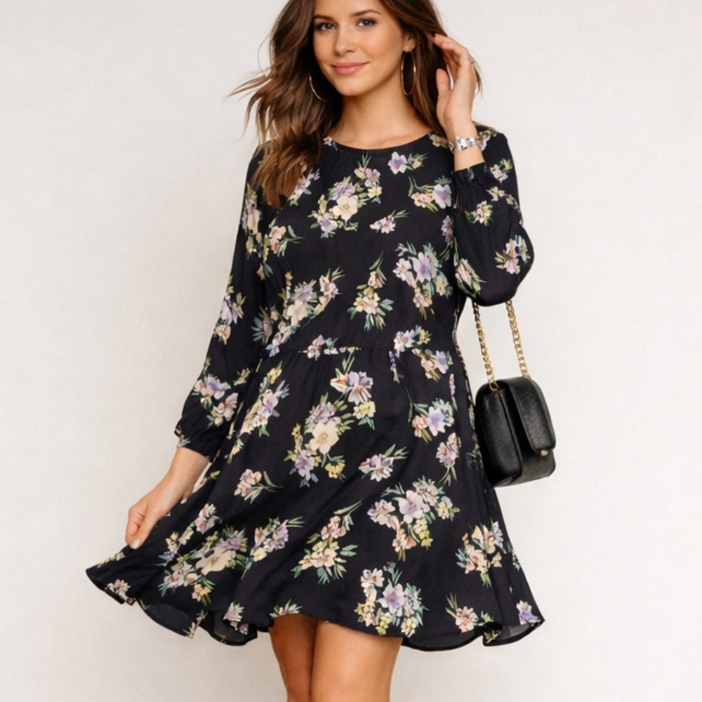Velvet by Graham &‎ Spencer Floral Long Sleeve Dress Winola Pockets Black M